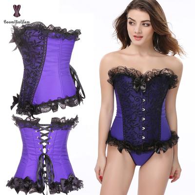 China Viable Bodices Plus Size S to 6XL Satin Viable Lace Up Trimmer Boned Bustier Vintage Corset Top with Thong for Tall Women for sale