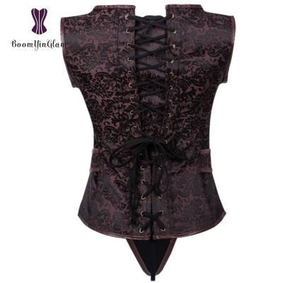 China Size S Women's Viable V-Neck Korset Bustier XXL Corset Invisible Steel Boned Floral Jacquard Vest Costume for sale