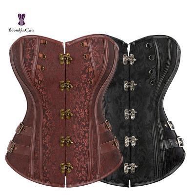 China Leather Antibacterial Faux Leather Corset Fashion Bustier Waist Trainer Women Steampunk Waist Shaping Top Ruffled Top for sale