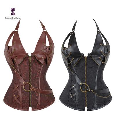 China Viable Women Viable Steel Bones Leather Steampunk FAUX Waist Trainer Halter Bustier Corset Plus Size for sale