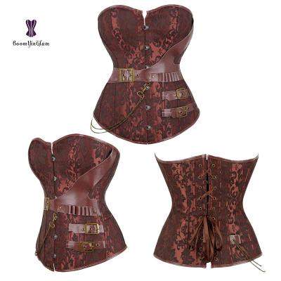 China Women Vintage Steampunk Fashionable Gothic Simple Faux Leather Leather Belts Plus Size Brown Corsets And Black Bustiers for sale