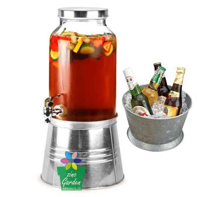 China Sustainable Glass Beverage Dispenser With Metal Holder Glass Mason Jars Beverage Dispenser For Fruit Juice for sale