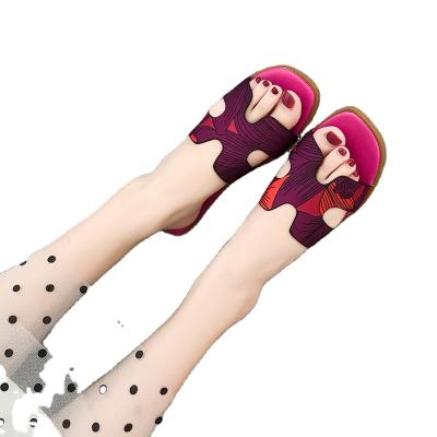 China Summer Breathable Cute Ladies Bedroom Relax Slippers Colorful Soft PU Square Upper Sandals Flat Shoes For Women for sale