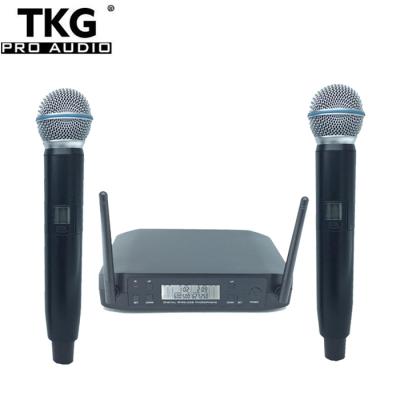 China OEM cheap wireless handheld dual microphone microphone TKG 600-635Mhz GLDX4D plug karaoke microphone system audio radio for sale