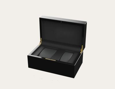 China Lockable Golden Hinged Watch Box with Glossy Black Wooden Box  Inside PU Leather for sale