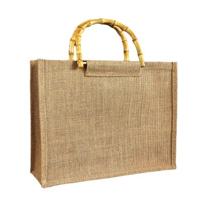 China Recyclable Tote Burlap Jute Bag With Reusable Shopping Logo Custom Printed Eco Organic Bamboo Handles for sale