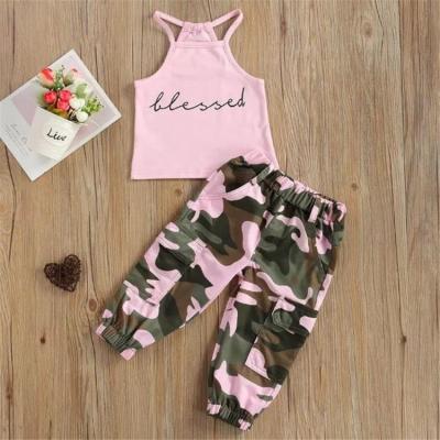 China Casual Girls Letter Vest Sleeveless Tops Camouflage European Pants and American Popular Children's Clothing 2021 Summer for sale