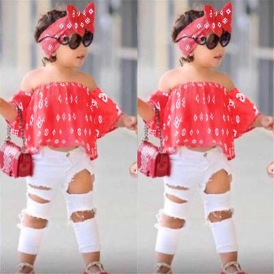 China Newest Design Casual Toddler Newest Outfits With Big Bow Red Headband Kids Clothing 2021 Summer Clothes Wholesale Off-Shoulder Girls for sale