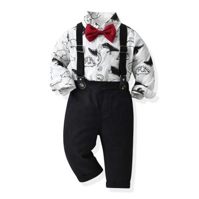 China Europe and America's new spring and Autumn Suit Dinosaur cotton shirt boys' long-sleeved suspender pants children's clothing two-piece set set for sale