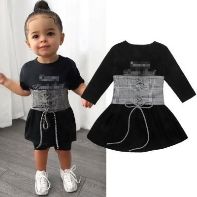 China New Autumn 2Pcs Baby Kids Breathable Baby Kids Letter Printing Long Sleeve Crewneck Black Dress + Invest Casual Clothing Set for sale