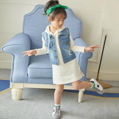 China Vintage 3-12Y Kid Babies Dress Spring Autumn Long Sleeve Straight Hoodie Sweater Dresses +Denim Vest 2pcs/set Girls Clothes for sale