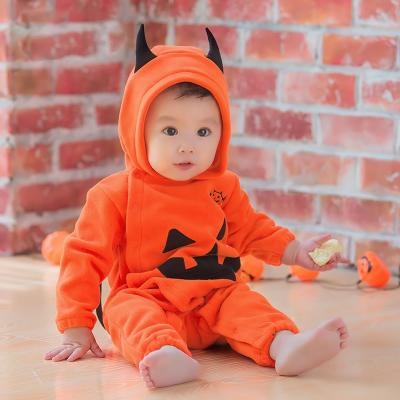 China Wholesale Eco-Friendly Soft Material Cute Bubble Fringe Hoodie Pumpkin Winter Winter Long Sleeve Halloween Costume Rompers For Kids for sale