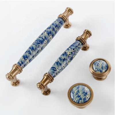 China Vintage Modern Blue Wave Zinc Ceramic Drawer Pulls Handles and Knobs Modern Furniture Knobs for Sideboard for sale