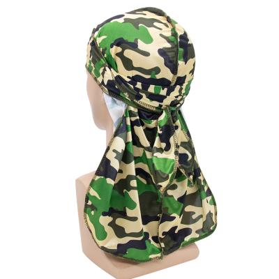 China OEM Breathable Fanni Du-Rag Colorful Military Camo Logo Custom Extra Long Tail Covers Wide Straps Durag Silky Camouflage for sale