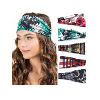 China Fanni Boho Style Floral Elastic Stretch Hairbands Popular Women Yoga Head Wrap Workout Hair Cross Band for sale