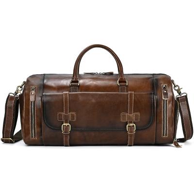 China Vintage Mens Large Capacity Travel Bag Tote Weekender Genuine Leather Duffel Bag For Overnight for sale