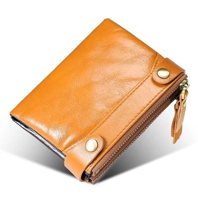 China Fashion Real Men's Coin Purse Double Buckle Wallet Handmade Custom Leather Zipper Wallet Short Bifold Wallet for sale