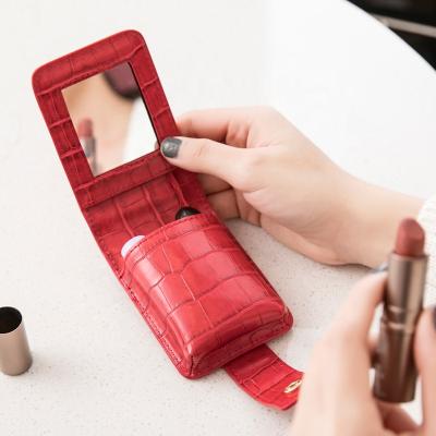 China Mini Fashion Lipstick Box Simple Vintage Elegant Women PU Leather Storage Phone Booth With Mirror for sale