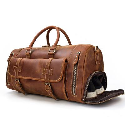 China With Shoe Compartment Large Capacity Vintage Luggage Weekender Duffle Travel Genuine Leather Bag With Shoe Compartment for sale