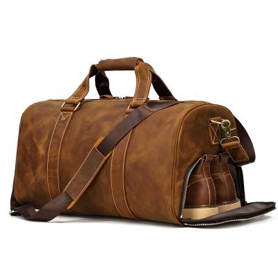 China Retro Shoe Bag Brown 18 Inch Crazy Horse Leather Travel Duffel Bag Mens Duffel Bag With Shoe Compartment for sale