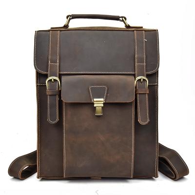 China Mult-functional Stylish Vintage 14 Inch Dark Brown Mens Crazy Horse Leather Backpack Sport School Bags For Laptop for sale