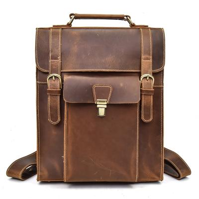 China Multifunctional Functional Vertical Laptop Bag Men Brown Stylish 3 Use Genuine Leather Backpack School Bag for sale