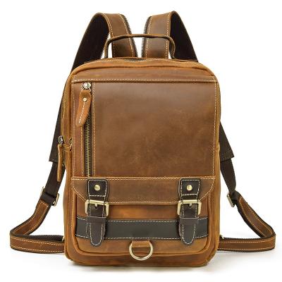 China Retro Functional Simple 12 Inch Cross - Body Trunk Bag Men Brown Genuine Leather School Backpack for sale