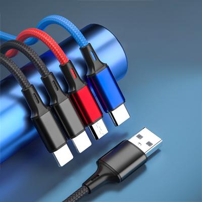 China 4 in 1 nylon cable 3a usb factory 4 in 1 nylon cable 3A usb 3 in 1 usb fast charging cable multicolor for sale