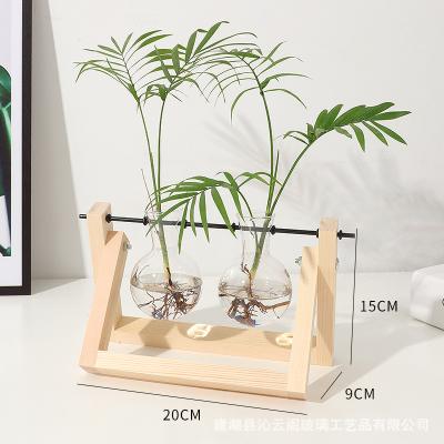 China Glass and Wood Planter Vase Hydroponics Minimalist Desktop Plant with Flower Pot Hanging Pots with Wooden Tray Home Decor for sale