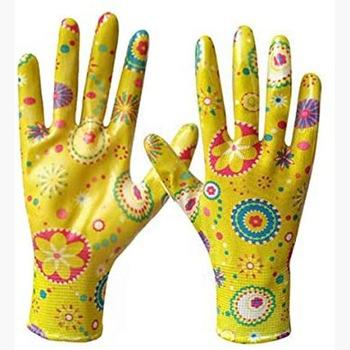 China Breathable Colorful Transparent Nitrile Palm Women Waterproof Digging Work Printed Garden Gloves for sale