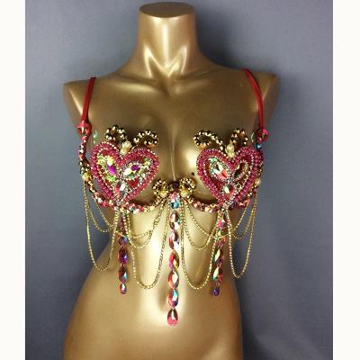 China Sparkly RED Samba Carnival Bra Rainbow Pink Belly Dance Wire Bra Queen Belly Dance Wear Stage Wear Show Stone Bikini Sets for sale