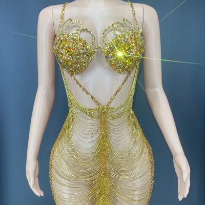 China Sets Crystals Body Chains Costume Outfit Hollow Rhinestones Dress Evening Birthday Celebrate Wedding Prom Party Costume for sale