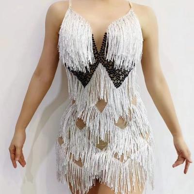 China Black White DS Bar Club Outfit Tassel Dancer Sets Birthday Celebrate Prom Dress Sheer Rhinestone Short Dresses for sale