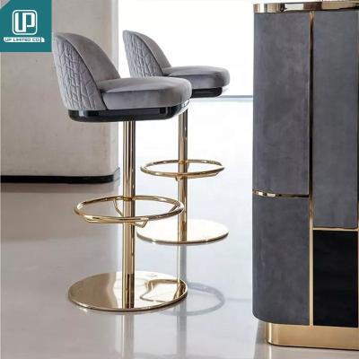 China Modern Luxury Bar Chair Gray Fabric Bar Stool Golden Bar Furniture Nordic Minimalist Home Base Iron Stainless Steel for sale