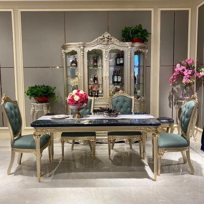 China Adjustable Classic Luxury Dining Room Furniture Solid Wood Frame (Other) Hand Carving Gold Leaf Dining Table Marble Top Set for sale