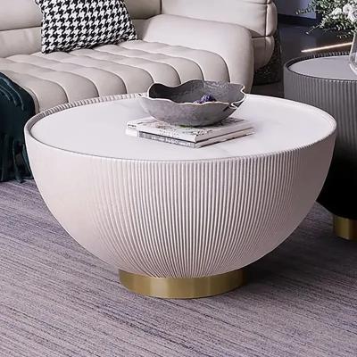 China New Design Modern Beige Drum Coffee Table (Other) Adjustable Chipboard Round Stone Unit-Leather Accent Table in Gold for sale