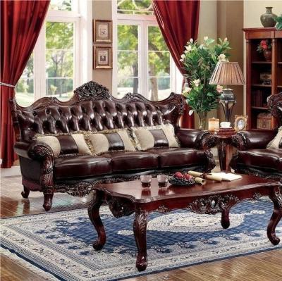 China Other European Style Luxury Living Room Furniture Wood Structure Leather Upholstered Hand Carving Sofa Set for sale