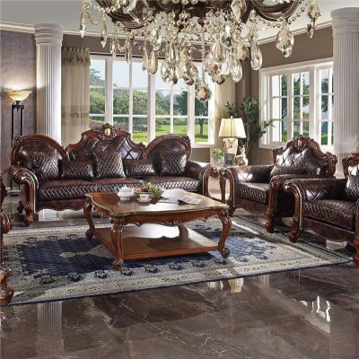 China Other Style Antique Luxury Living Room Furniture Wood Structure Leather Upholstered Hand Carving Sofa Set for sale