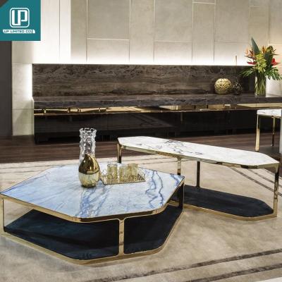 China (Other) Luxury Round Italian Natural Marble Adjustable Center Table Living Room Gold Stainless Steel Sofa Coffee Table for sale