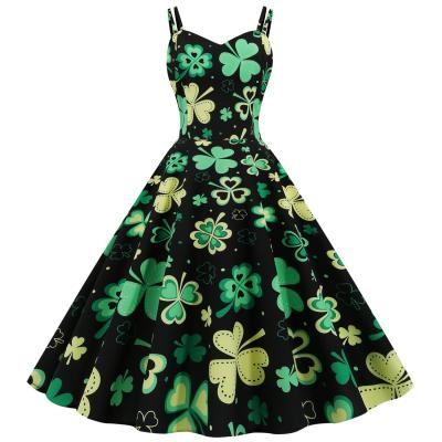 China Breathable St Patrick's Day Dresses For Women Dress Green Leaf Pattern Sleeveless V-Neck Dress for sale