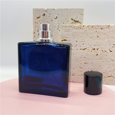 China Dark Blue Square Cosmetic Spray 80ml Glass Perfume Bottle With Cap for sale