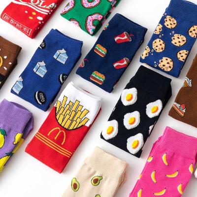 China Antibacterial Custom Logo Manufacturer Fashion Art School Art Designer Original French Fries Cakes Happy Crew Cotton Women Socks for sale