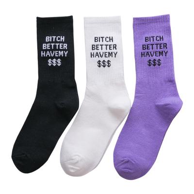 China Wholesale Hot Sale Antibacterial Hip Hop Skateboard Couples Socks Cotton Fashion Crew Women Comfortable Breathable Socks Funky Letters Dollars for sale