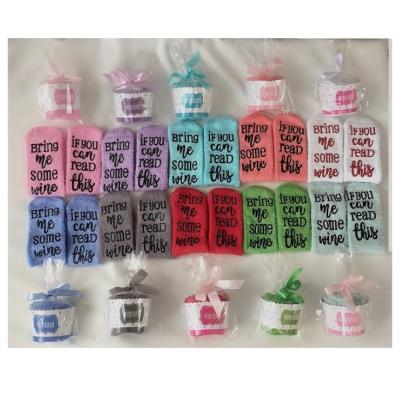 China Fashion Disposable If You Can Read This Bring Me Wine Knocks Letter Christmas Gift Box Women Sleep Warm Pink Fuzzy Cupcake Socks Floor for sale