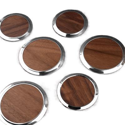 China Stocked High Grade Round Wooden Cup Coaster Stainless Steel Spliced Walnut Coasters for sale