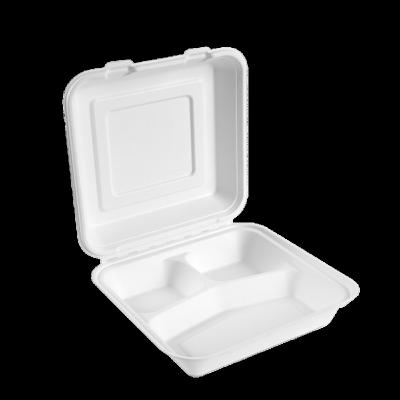 China 10 Inch Disposable Three Compartment Eco Friendly Lunch Box To Go Natural Bagasse Clamshell Container for sale