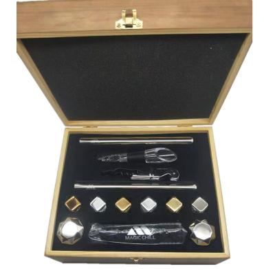 China Liguid Reusable Reusable Whiskey Stones Stainless Steel Diamond Ice Cube Wooden Box Gift Cooling Set for sale