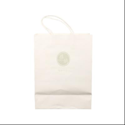 China Flat Logo Packaging Handmade White Kraft Paper Bread Retail Carry Out Paper Food Bag With Handle Bulk for sale