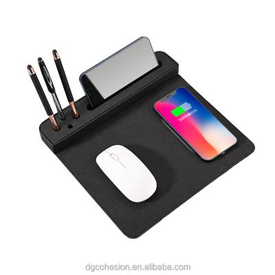 China Custom Mouse Pad Black Eco-Friendly Material Multifunctional PU Microfiber Wireless Pen Holder Phone Charger for sale