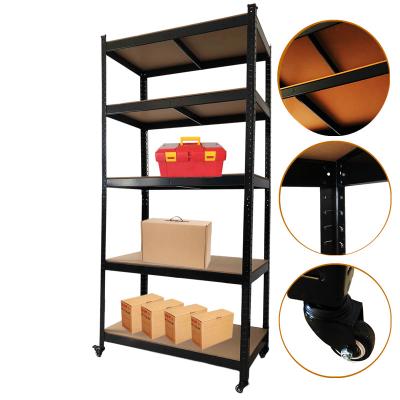 China Corrosion Protection 5 Layer 9mm MDF Boltless Board Laminated Storage Rack Steel Shelving Shelves Racking With Wheels Metal Shelf For Garage for sale